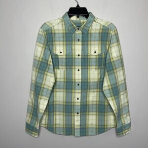 PRANA Shirt Mens Small S Green Yellow Plaid Button Up Long Sleeve Nylon Blend
